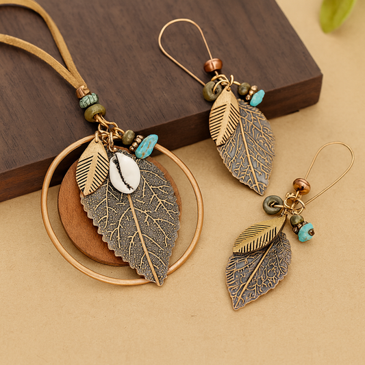 Set Collar y Aros Hoja Boho – Turquesa & Concha Cauri