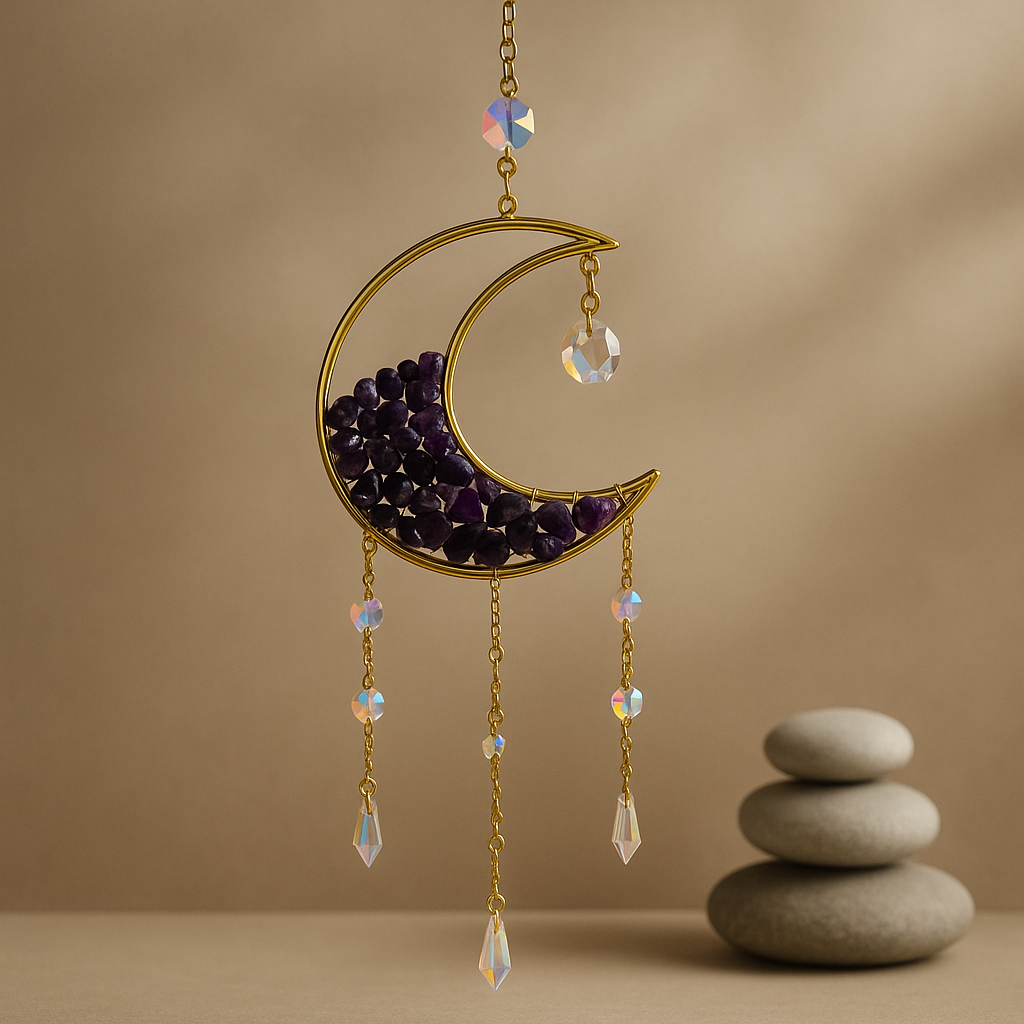 Atrapasueños Luna Con Amatista Natural Carillón Decorativo