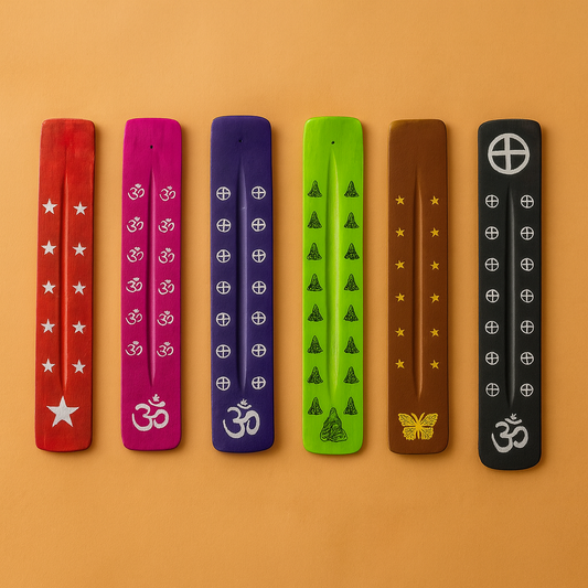 Porta Incienso Madera Ritual – Estrellas, Símbolo Om y Diseños Sagrados